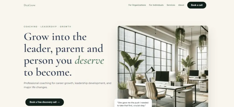 Naslovna strana sajta DeaGrow — maternity i leadership coaching, sajt na engleskom jeziku