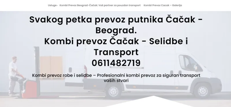 Naslovna strana sajta za kombi prevoz — selidbe i transport, Čačak–Beograd