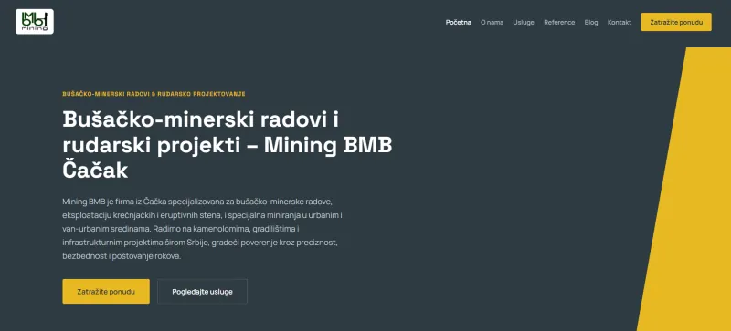 Naslovna strana sajta Mining BMB — bušačko-minerski radovi i rudarsko projektovanje, Čačak
