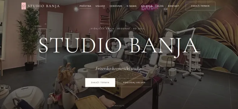 Naslovna strana sajta Studio Banja — frizersko-kozmetički salon, Višnjička banja, Beograd